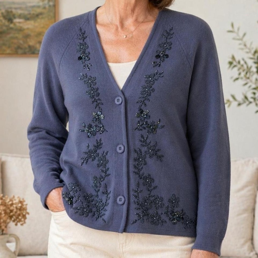 VTG St Andrews Imports Blue 100% Zephyr Wool Coquette Floral Cardigan Size 12